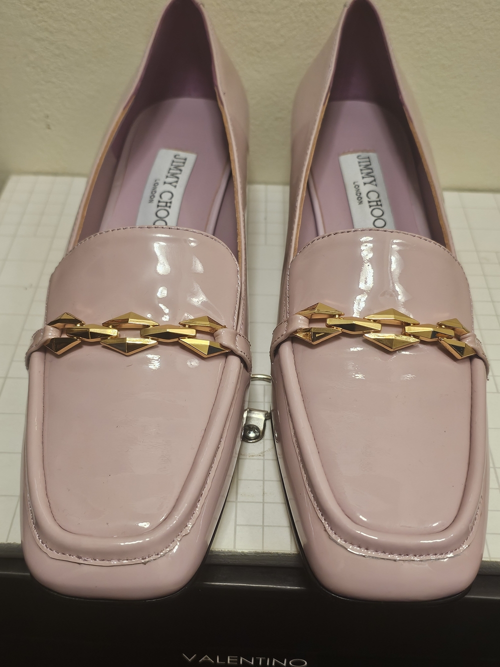 Jimmy Choo Pale Pink Patent Leather Loafers with Gold Chain